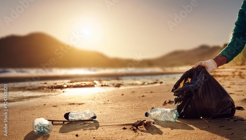 Personas  juntando basura en una playa, cuidado del medio ambiente photo