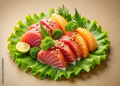 Wallpaper Mural Fresh, raw, and delicate sashimi slices arranged artfully on a bed of crisp green wasabi and sesame seeds, against a neutral beige background. Torontodigital.ca