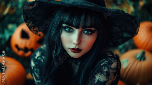 Enchanting Halloween Witch Amidst Black Lacey Background, costume party, gothic, beautiful, beauty, model