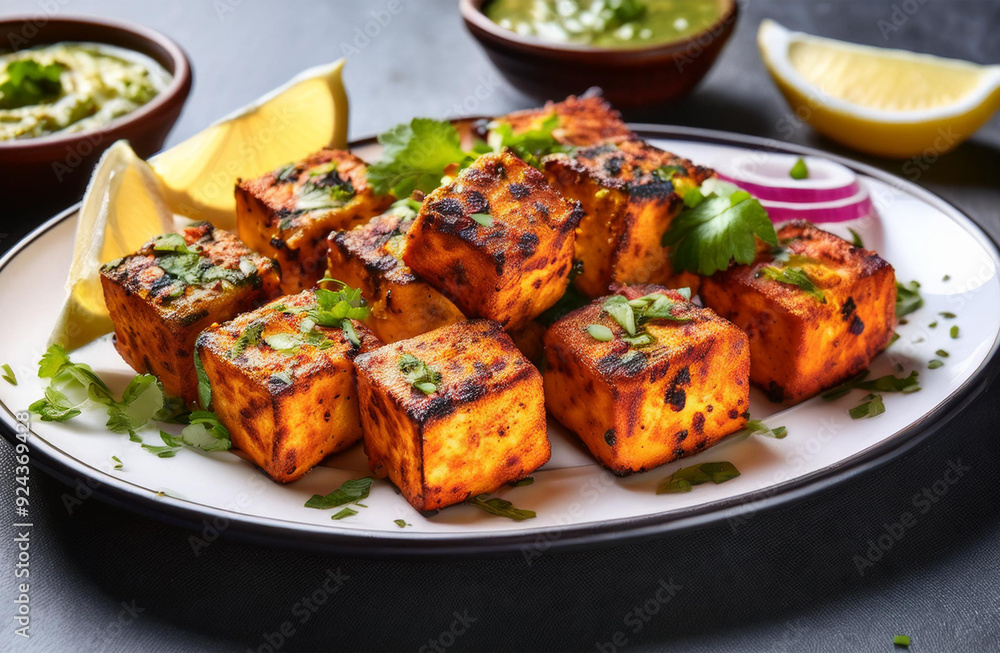 Grilled Paneer Tikka with Mint Chutney and Lemon Wedges Grilled Paneer Tikka with Mint Chutney and Lemon Wedges