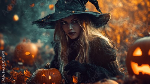 Enchanting Halloween Witch Amidst Glowing Jack-O’-Lanterns in a Mystical Forest