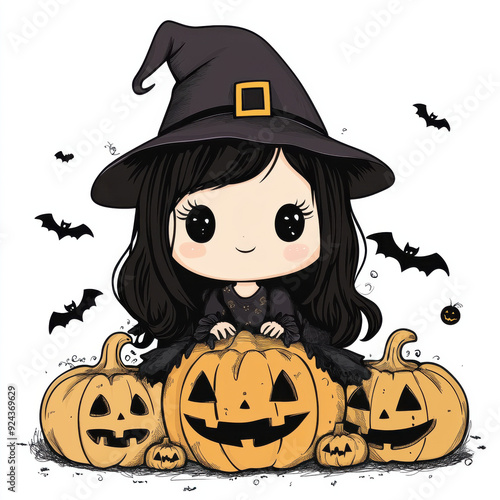 Cute, adorable, kawaii, witch child dressed up for halloween trick or treating spooky clipart clip art style bats jack o lanterns pumpkin carving festive and fun