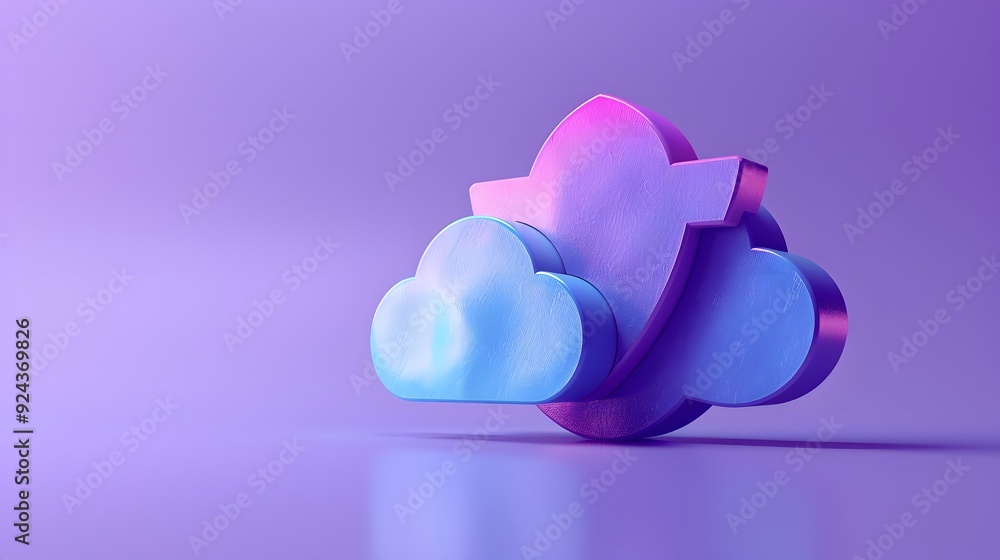 Abstract purple and blue 3D illustration of a cloud and rocket, representing cloud computing, innovation, and technology on gradient background.
