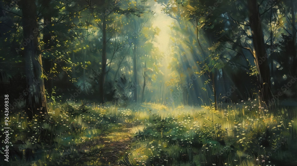 An allegory of redemption portrayed through a dark forest clearing into a bright An allegory of redemption portrayed through a dark forest clearing into a bright