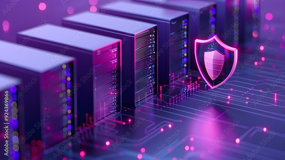 Abstract server room with digital lines and a shield, representing cybersecurity and data protection in a tech environment. Abstract server room with digital lines and a shield, representing cybersecurity and data protection in a tech environment.