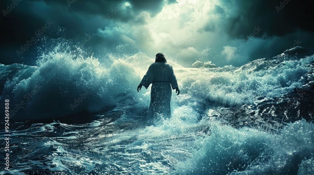 Fototapeta premium An image of Jesus as the Savior walking on water during a stormy night