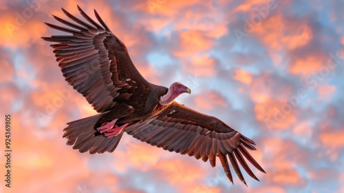 Vulture soaring through a vibrant sunset sky.