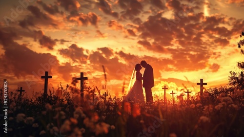 Divine love shown in a tableau of a couple renewing their wedding vows under a cross-strewn sky.