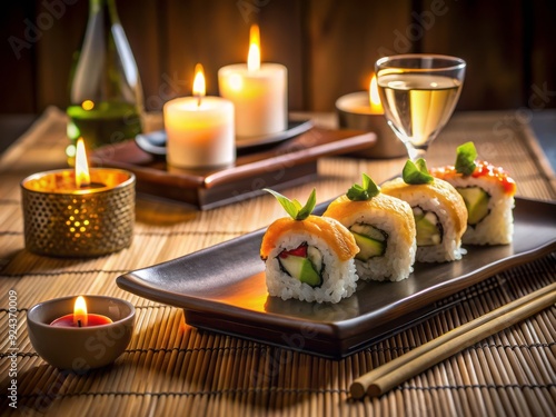 delicate sushi rolls, sake glasses, and candlelight adorn a serene, minimalist setting, evoking a sense of exclusivity and romantic indulgence. photo