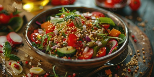 Nutritious salad with olive oil fresh vegetables and hearty buckwheat grains Vegetable bowls promoting a healthy lifestyle