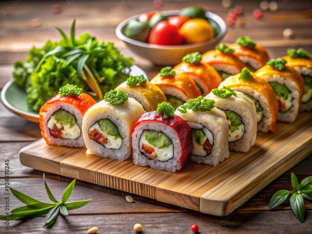 Freshly prepared sushi rolls with savory fillings and garnishes artfully arranged on a modern wooden table against a soft, neutral background. Freshly prepared sushi rolls with savory fillings and garnishes artfully arranged on a modern wooden table against a soft, neutral background.