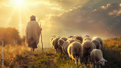 Jesus Christ as a shepherd gently guiding a flock of sheep