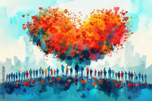 A vibrant illustration of love and unity, featuring a heart made of colorful hearts above silhouettes of diverse people.