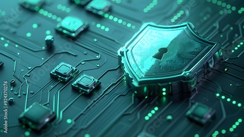 Close-up of a digital security concept with a metallic shield on a green circuit board representing cybersecurity and data protection. photo