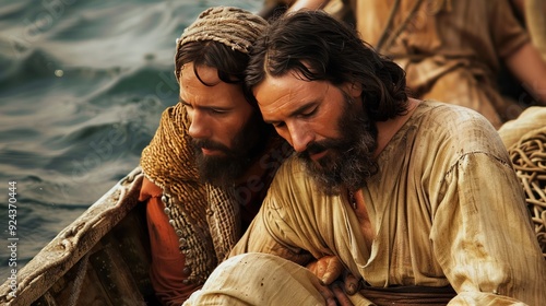 Jesus comforting a fisherman after a night of futile fishing photo