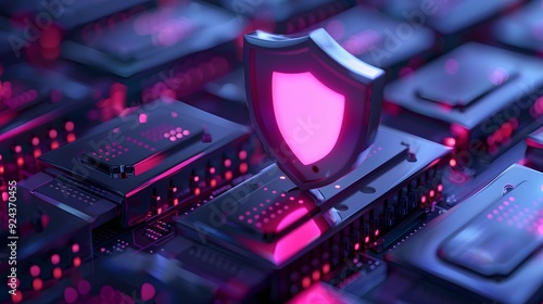 Close-up of a shield icon over computer chips, representing cybersecurity and protection in a digital environment with neon lighting. photo