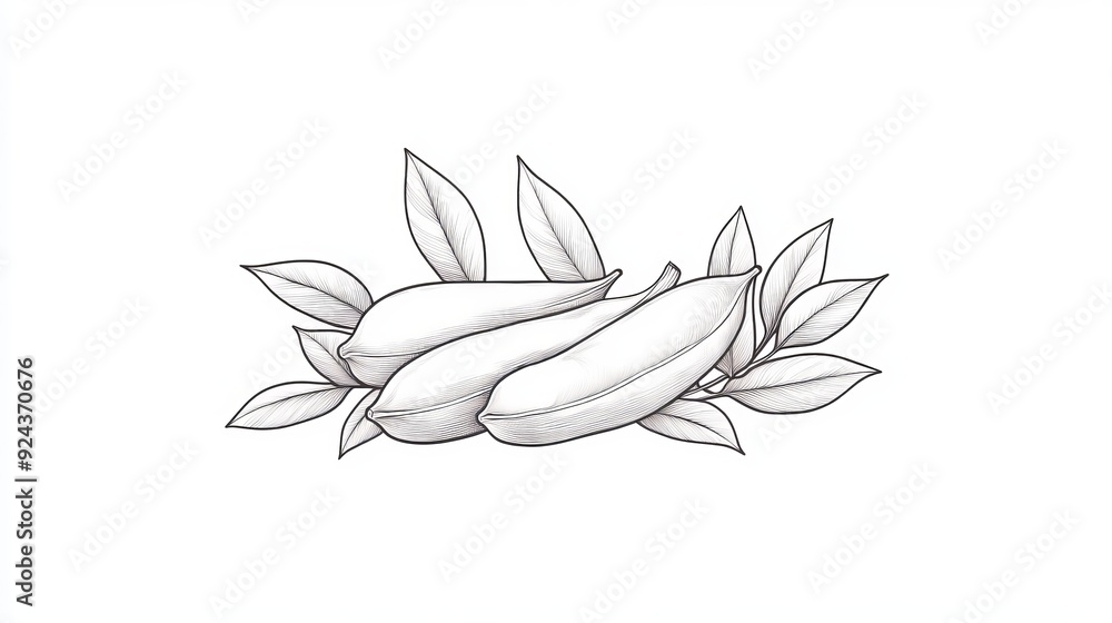 Close-up line art of tamarind pod with seeds visible, minimalist and elegant hand-drawn style, pure white background Close-up line art of tamarind pod with seeds visible, minimalist and elegant hand-drawn style, pure white background