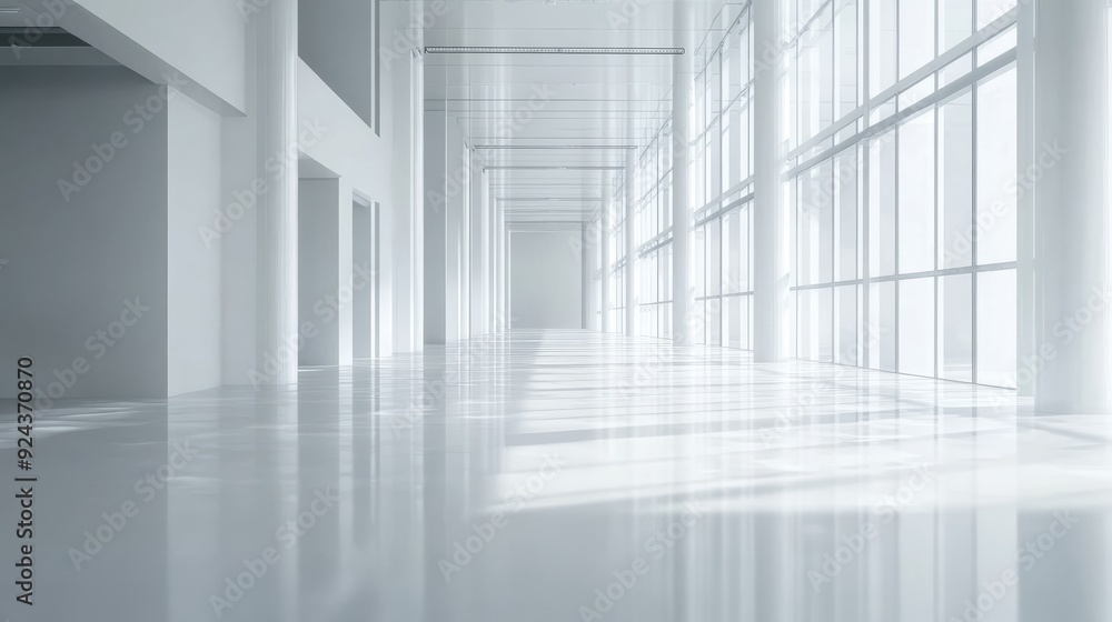 Obraz premium A minimalist hallway with large windows and a reflective floor. The sunlight streams in, creating a bright and airy atmosphere.