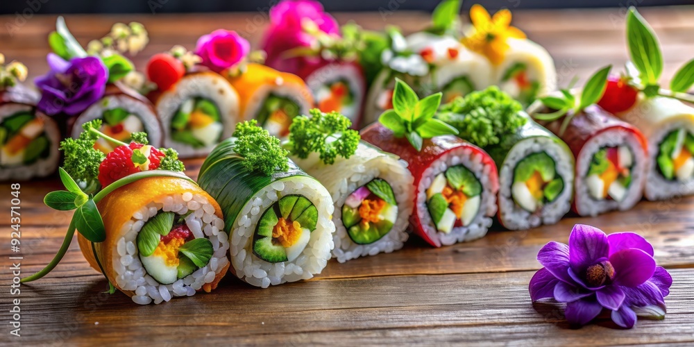 Colorful, artistically arranged sushi rolls with edible flowers, microgreens, and unique ingredients on a minimalist wooden background, showcasing creativity and Japanese culinary art. Colorful, artistically arranged sushi rolls with edible flowers, microgreens, and unique ingredients on a minimalist wooden background, showcasing creativity and Japanese culinary art.