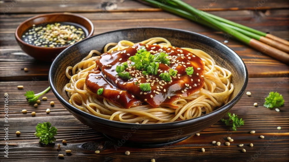 Dark brown eel sauce poured over steaming Japanese noodles, garnished with green onions and sesame seeds, on a rustic wooden table background. Dark brown eel sauce poured over steaming Japanese noodles, garnished with green onions and sesame seeds, on a rustic wooden table background.