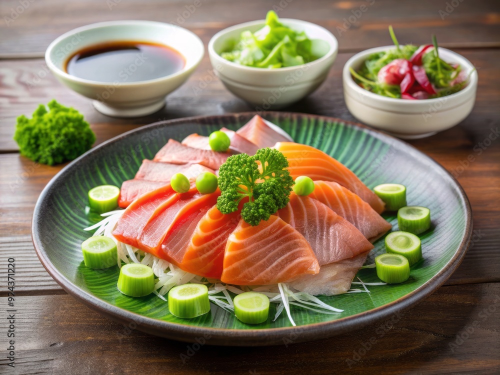 Freshly sliced raw fish arranged artfully on a minimalist plate, garnished with delicate green onions and served with a side of wasabi and pickled ginger. Freshly sliced raw fish arranged artfully on a minimalist plate, garnished with delicate green onions and served with a side of wasabi and pickled ginger.