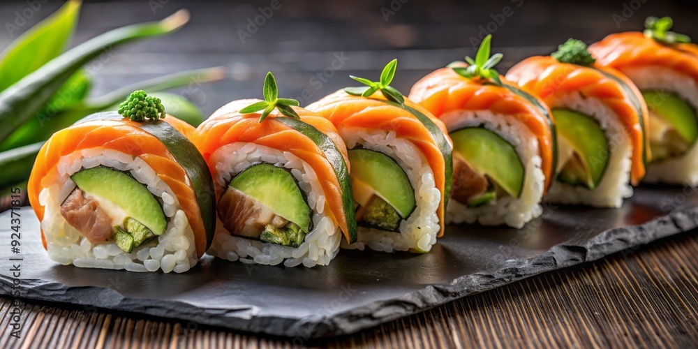 Freshly prepared gourmet sushi rolls with succulent salmon, creamy avocado, and crisp cucumber slices, artfully arranged on a sleek black stone plate. Freshly prepared gourmet sushi rolls with succulent salmon, creamy avocado, and crisp cucumber slices, artfully arranged on a sleek black stone plate.