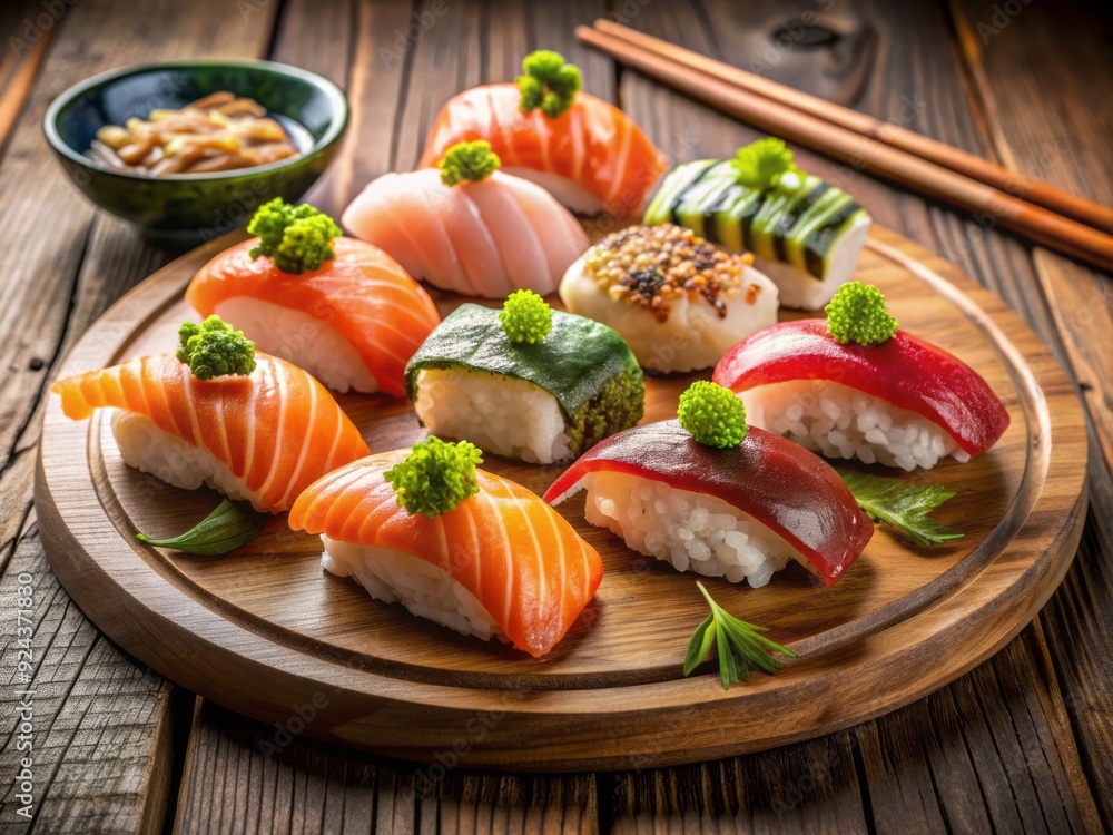 Delicious assortment of nigiri sushi, featuring succulent salmon, shrimp, tuna, and eel pieces, garnished with thinly sliced ginger and wasabi, on a rustic wooden plate. Delicious assortment of nigiri sushi, featuring succulent salmon, shrimp, tuna, and eel pieces, garnished with thinly sliced ginger and wasabi, on a rustic wooden plate.