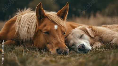 Horse and Dog Napping Together in a Field