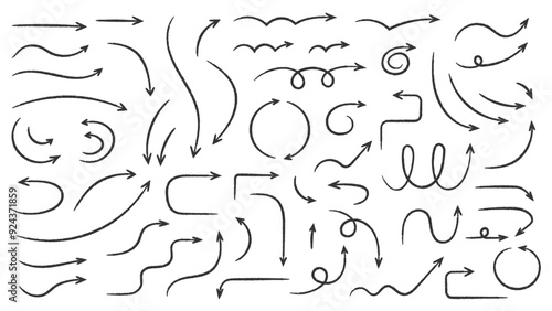 Hand drawn curved doodle chalk arrows collection, vector eps10 illustration
