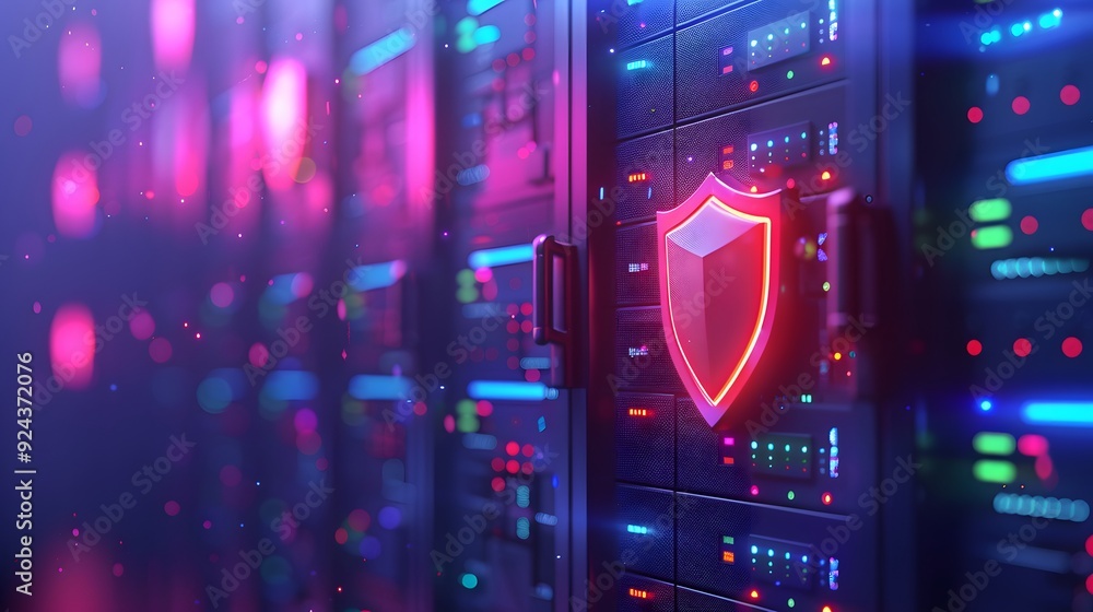Cybersecurity in a data center with a glowing shield icon and server ...