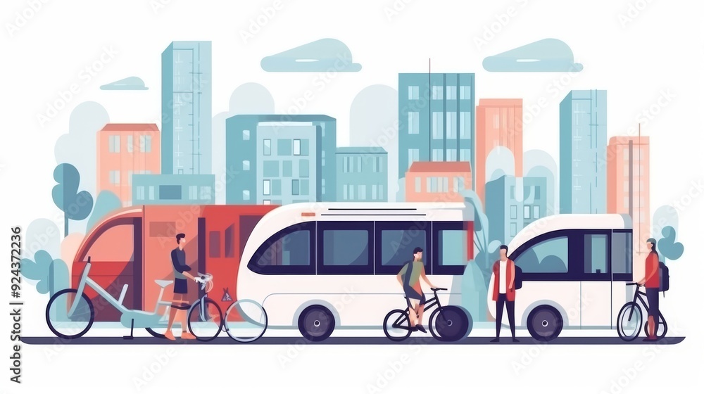 Naklejka premium A city street with a bus, a bicycle, and a person on a bicycle