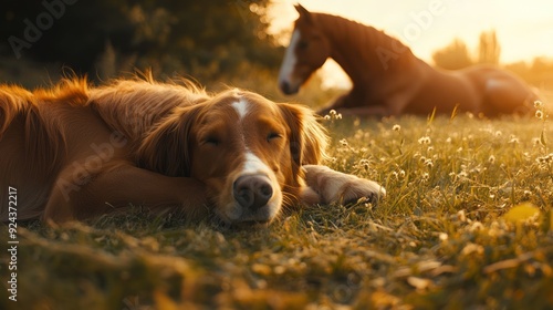 Golden Retriever Sleeping in Grass with Horse in Background