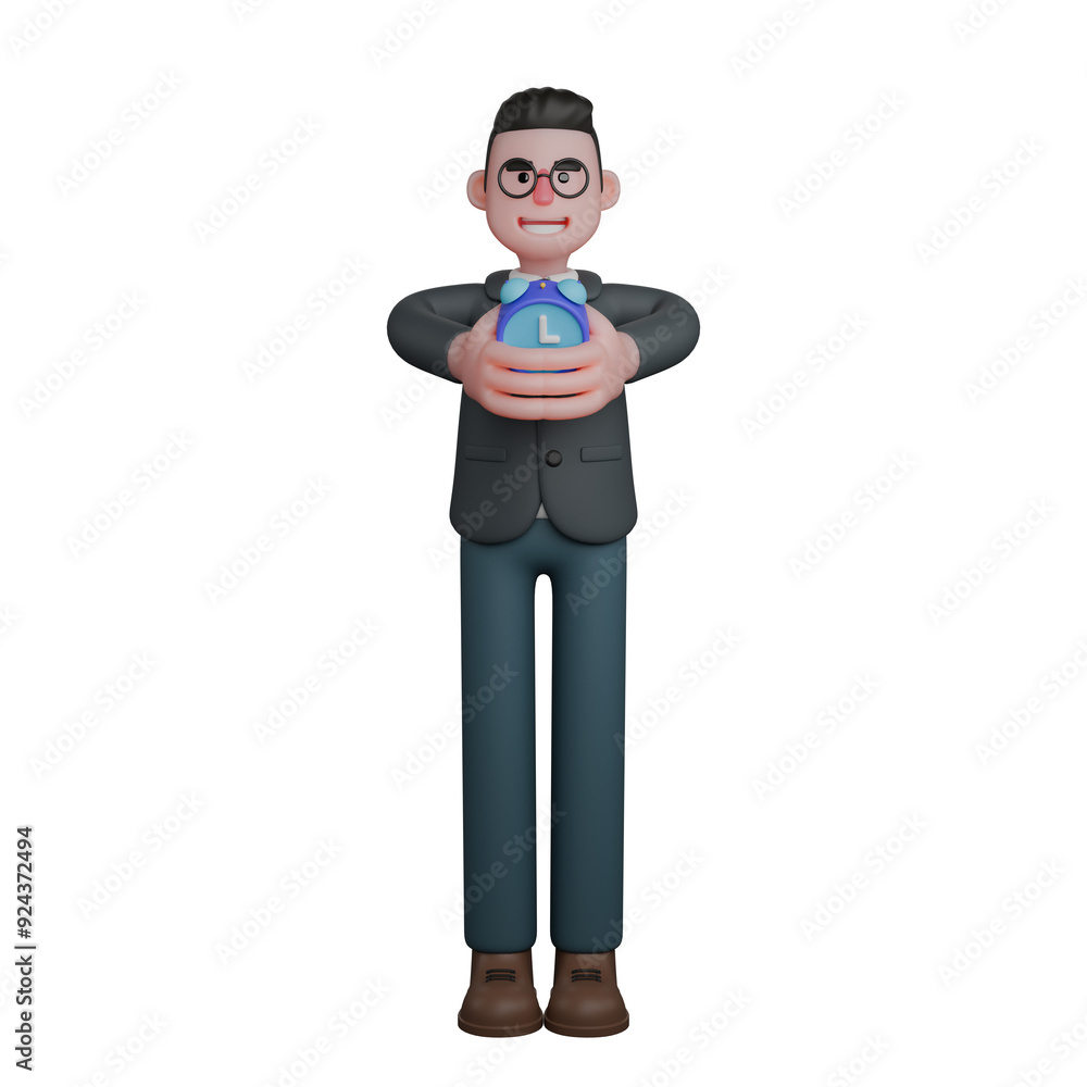 3D Illustration of Professional Male Teacher. A man in formal attire stands with both hands holding a watch. Cartoon 3D Illustration of Professional Male Teacher. A man in formal attire stands with both hands holding a watch. Cartoon