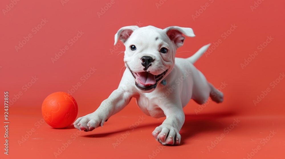 Playful white puppy running towards a red ball on a red background. Playful white puppy running towards a red ball on a red background.