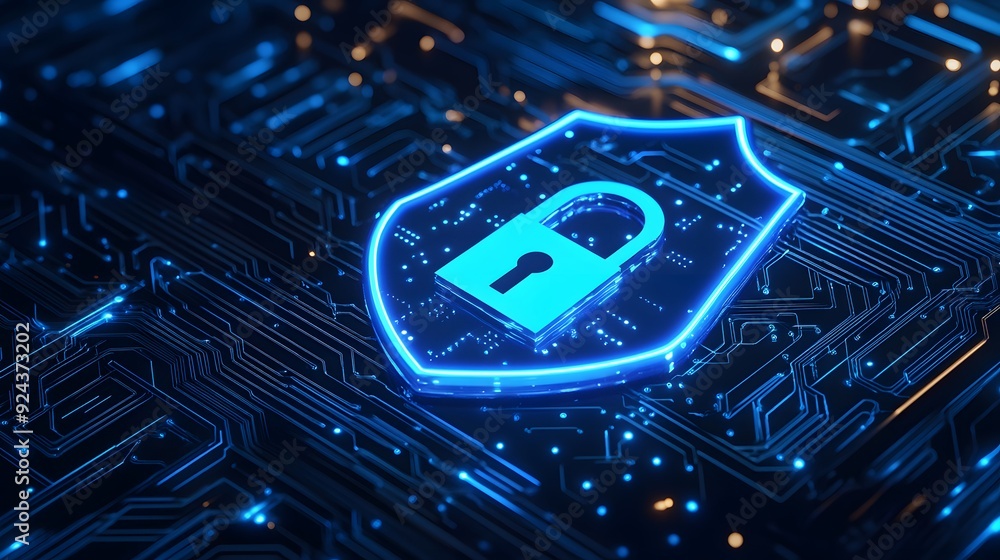 Digital cybersecurity concept with a glowing shield and lock symbol on ...