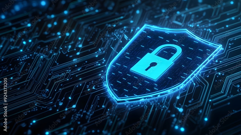 Digital cybersecurity concept with a glowing shield and lock symbol on ...