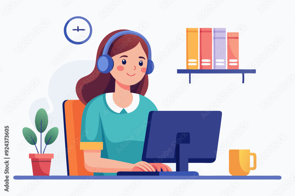 Young Woman Working at Desk with Headphones Young Woman Working at Desk with Headphones