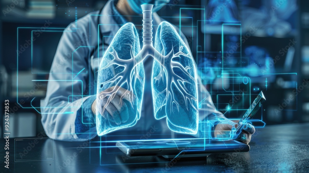 Obraz premium Doctor analyzing a holographic image of lungs on a tablet, representing medical technology and advancements in healthcare.