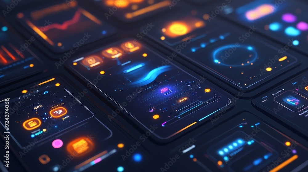 Obraz premium A futuristic, abstract pattern of glowing digital interfaces with colorful lines and shapes.