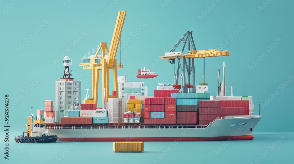 A miniature cargo ship with containers, cranes, and a tugboat on a blue background. A box is in the foreground. A miniature cargo ship with containers, cranes, and a tugboat on a blue background. A box is in the foreground.