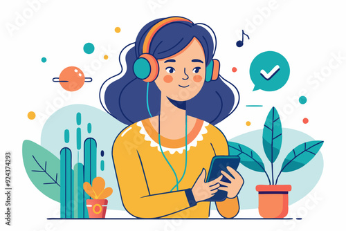 Young Woman Enjoying Music with Plants