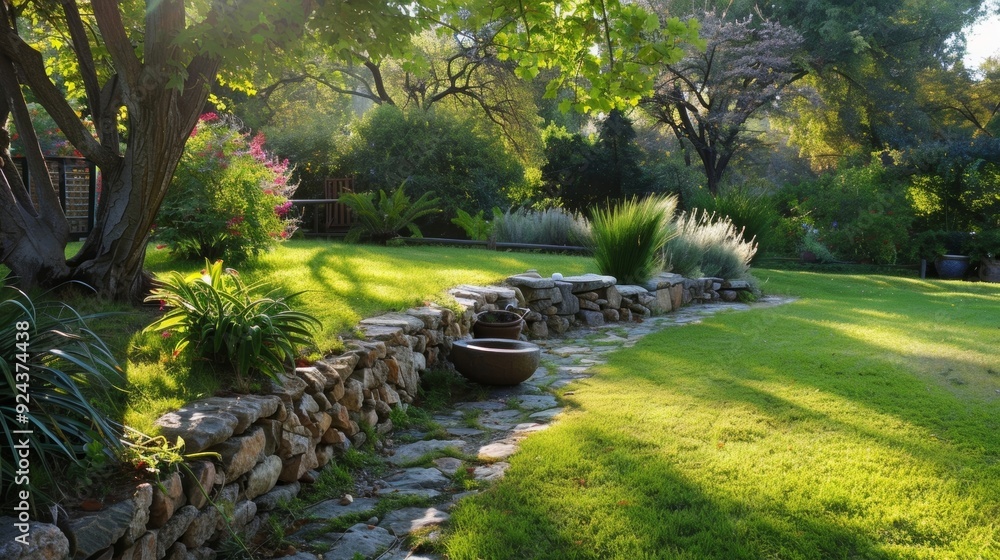 Obraz premium A serene garden with a rough stone wall acting as a boundary blending seamlessly into the natural surroundings.