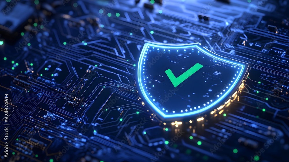 Digital security concept featuring a glowing shield with a checkmark on ...
