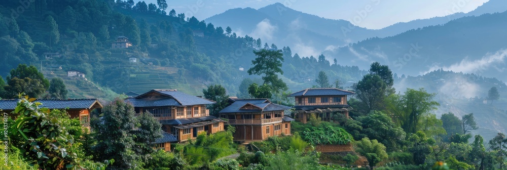 Fototapeta premium Houses in a peaceful natural landscape surrounded by hills and valleys.