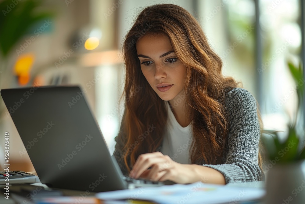 Business woman calculating monthly expenses, managing budget. Woman sitting at table using calculator to calculate tax refund, working at office with laptop computer on table, close, Generative AI Business woman calculating monthly expenses, managing budget. Woman sitting at table using calculator to calculate tax refund, working at office with laptop computer on table, close, Generative AI
