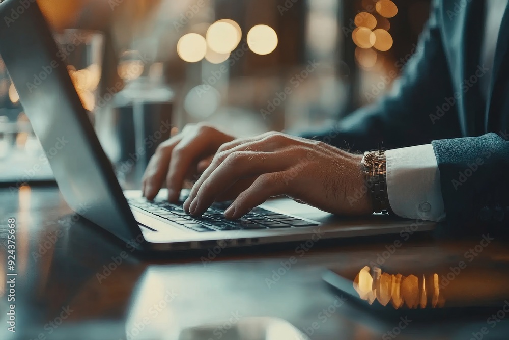 © Visual Odyssey - Closeup of businessman typing on laptop computer at office. Business man working on computer device, searching the information, surfing the internet on table at, Generative AI © Visual Odyssey - Closeup of businessman typing on laptop computer at office. Business man working on computer device, searching the information, surfing the internet on table at, Generative AI