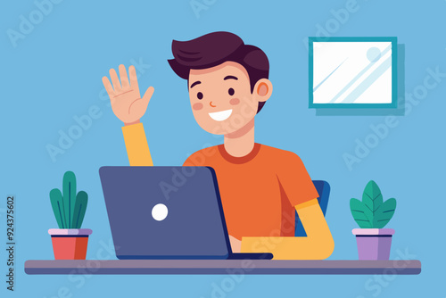 Cheerful Young Man Waving at Laptop