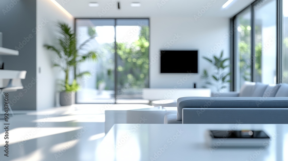 Modern living room with large windows, grey sofa, and sleek furniture. Natural light floods the space. Modern living room with large windows, grey sofa, and sleek furniture. Natural light floods the space.