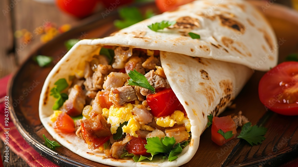 A tasty breakfast tortilla with pork tomato slices and egg scramble inside A tasty breakfast tortilla with pork tomato slices and egg scramble inside