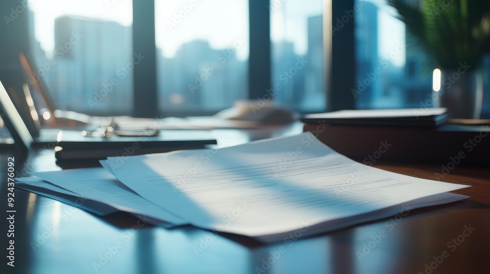 Papers on a desk with a laptop and cityscape in the background. Papers on a desk with a laptop and cityscape in the background.
